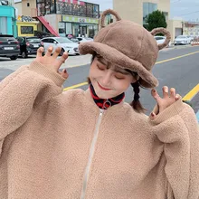 Женская зимняя шапка в рыбацком стиле с милыми ушками, шапка в рыбацком стиле с плюшевыми ушками, шапка в рыбацком стиле, художественная мягкая шапка в теплом плюшевом горшке