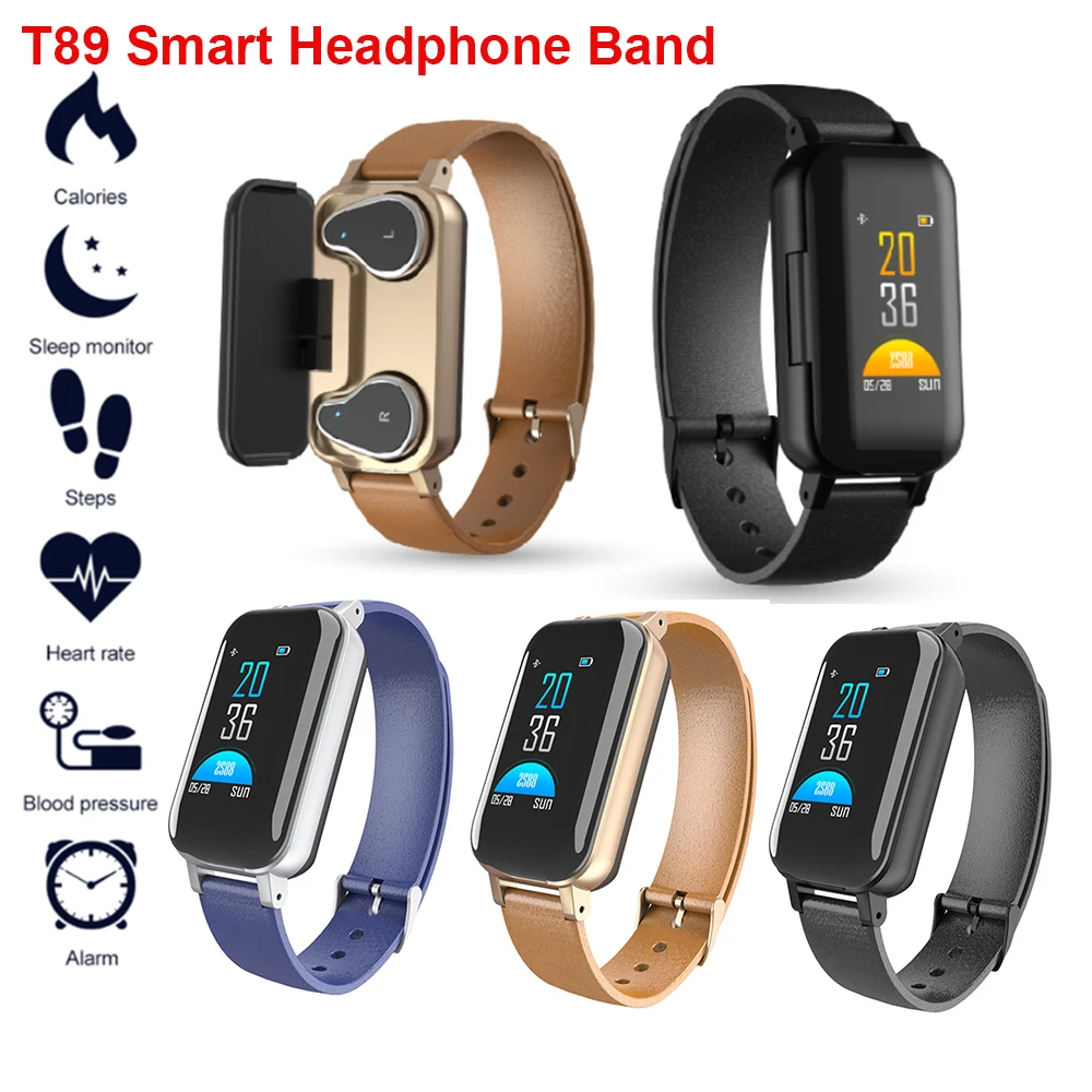 New T89 TWS Wireless Smart Binaural Bluetooth Headphone Earphone Fitness Band Heart Rate Monitor Sports Record Message Reminder