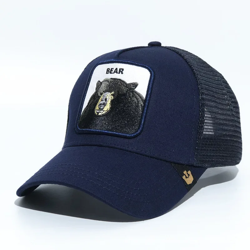 

Wholesale High Quality Black Bear Pattern Embroidered Mesh Cap Ancient Olin Bros Celebrity Style Animal Series Logo Baseball Cap