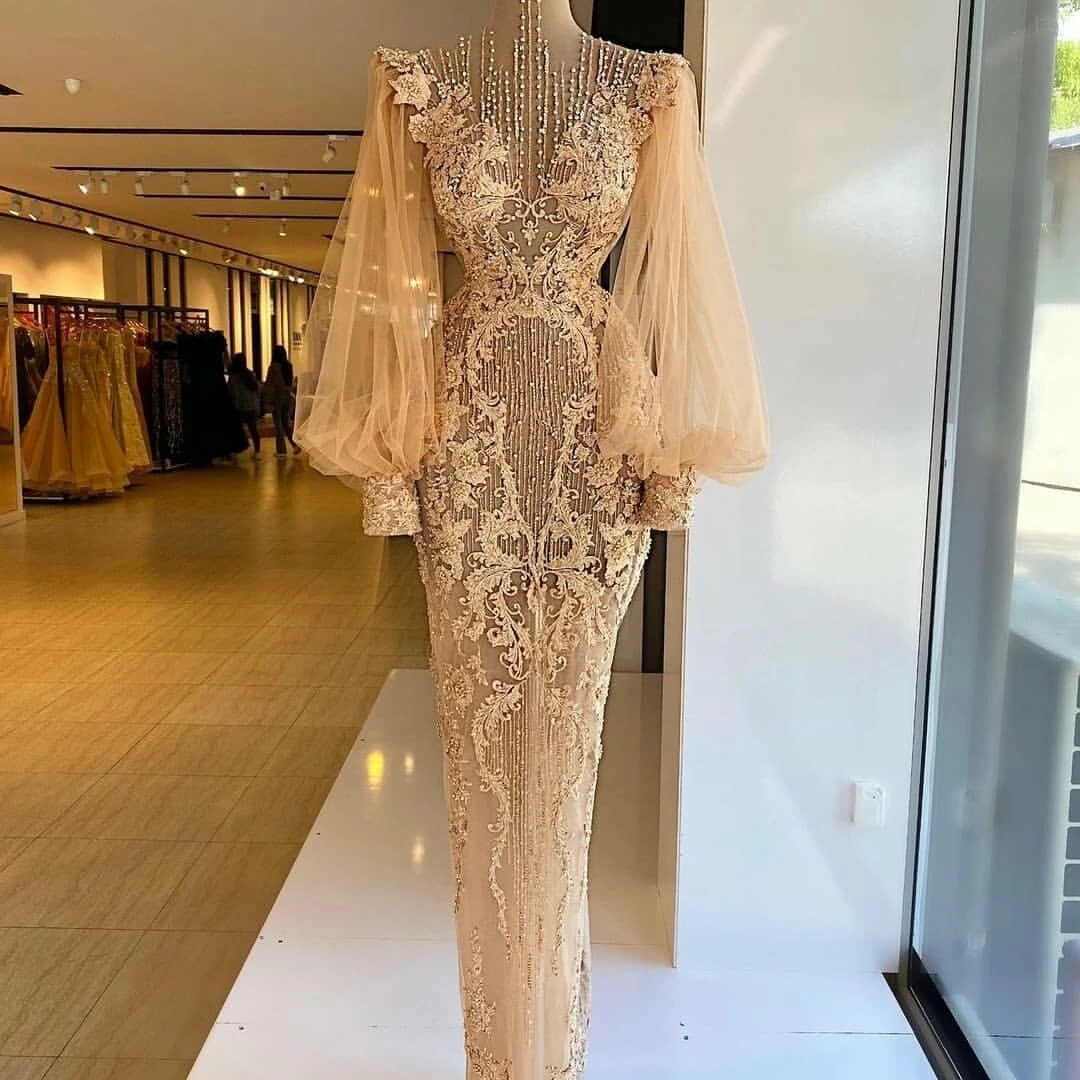 white evening dresses Champagne Mermaid Evening Dresses Luxury Dubai Beads Appliqued Tulle Long Sleeve Formal Prom Dress Plus Size Robe De Mariée long sleeve maxi dress formal