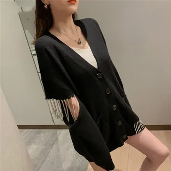 

Patchwork Tassel Womens Sweater V Neck Long Sleeve Pocket Hollow Out Korean Female Cardigan 2019 Autumn Fashion New