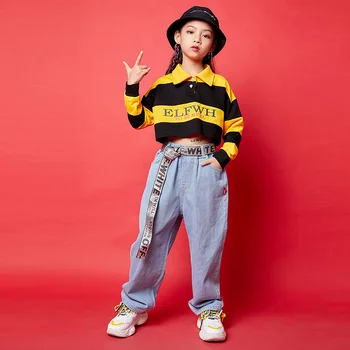 

New Children Jazz Performance Clothing Yellow-Black Striped Tops Jeans For Girls HipHop Suit Kids Street Dancing Clothes VO540