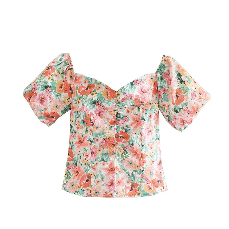 

Chic Floral Print Crop Tops Vintage Stylish Back Zipper Women Blouses 2019 Fashion V Neck Short Sleeve Short Style Shirts Blusas