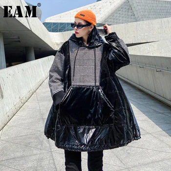 

[EAM] Loose Fit Plaid Oversized Cotton-padded Sweatshirt New Hooded Long Sleeve Women Big Size Fashion Tide Spring Autumn 2020