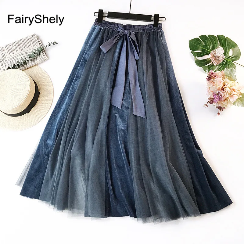 2019 бархатная плиссированная длинная юбка FairyShely Женская осенне зимняя теплая с