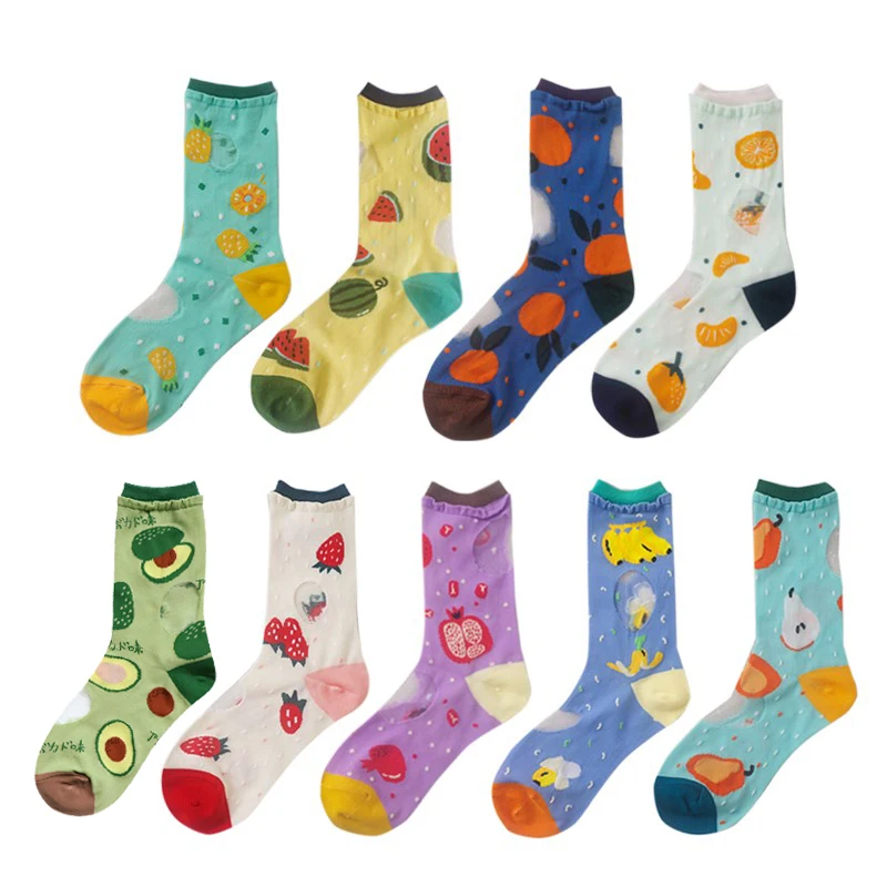 

9 Pairs A Lot Women Sweet Funny Socks Thin Style Avocado Banana Sydney Colorful Translucent Summer Socks