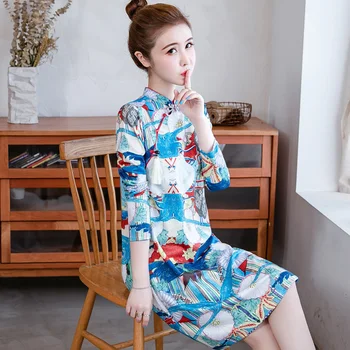 

2020 Spring Summer Floral Print Sweet Improved Cheongsams Traditional Chinese Style Dress Fashion Qi Pao Blue Dress Qipao Short