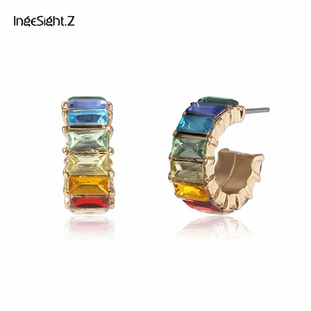 

IngeSight.Z Fashion Colorful Square Zircon Stone Stud Earrings Statement Luxury Shiny Crystal Earrings Piercing Women Jewelry