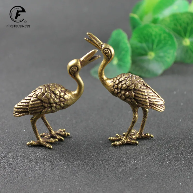 Massief Koperen Chinese Feng Shui Animal Crane Sculptuur Kleine Ornament Messing Thee Huisdier Thuis Beeldjes Bureau Decoraties