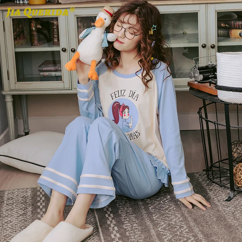 Spring Blue Top Blue Pants Cartoon Printing Pajamas Set Homesuit Homeclothes Fashion Style Long Sleeve Long Pants Sleepwear