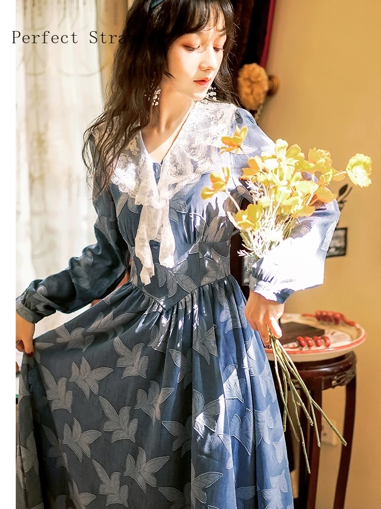 2020 Autumn Winter New Arrival Hot Sale Turn Down Collar Long Sleeve Printed Women Long Dress