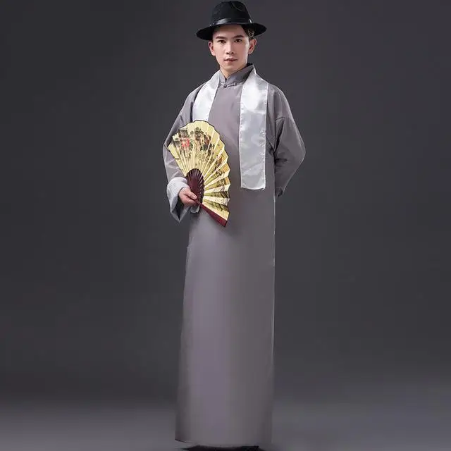 Elegant Men Burgundy Ancient Long Robes Gown Crosstalk Gown Vintage Mandarin Collar May 4th Republic Of China Students Costume - Цвет: Gray2