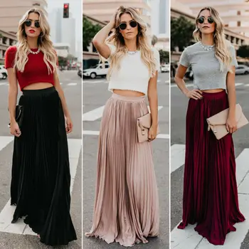 

New 2020 Women Chiffon Skirt Elegant Pleated Long Maxi High Waist Lady Summer Girls Beach Style Skirt Elastic Waist Casual Skirt