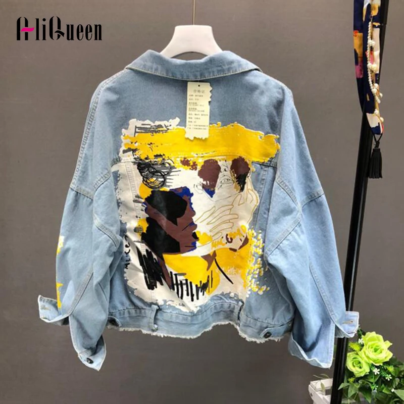 Light Blue Шикарное пальто с ручной росписью джинсовая куртка с буквенным принтом для девочек Модная Джинсовая куртка с карманами на осень и весну года - Цвет: Light Blue