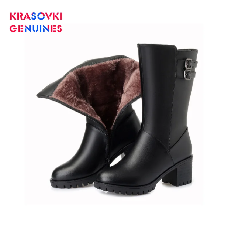 

Krasovki Genuines Wool Fashion Snow Boots Warm Genuine Leather Fur Shoes Plush Mis Calf Boots Platform for Women Winter Boots