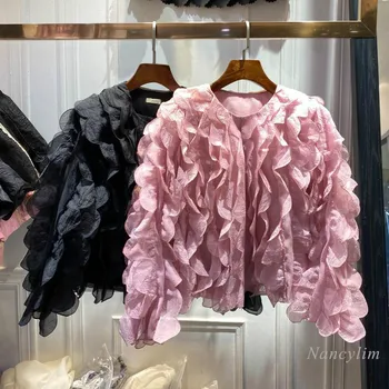 

Nancylim Women's Fashion Pink Black Pleated Petal Jacket Cropped Coat 2020 Early Autumn Girls Lady All-match Short Coats