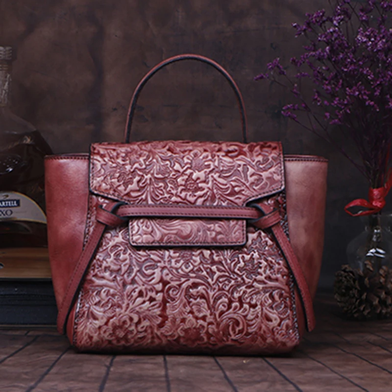 

Women Messenger Shoulder Embossed Bags First Layer Cowhide Leisure Female Retro High Quality Genuine Leather Tote Bag Handbag