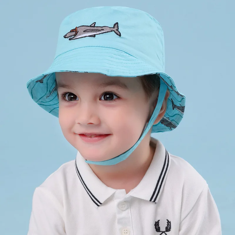 

Bucket Hat Boy Blue Shark Summer Sun Beach Wide Brim With String Cotton Holiday Outdoor Accessory For Toddler Spring