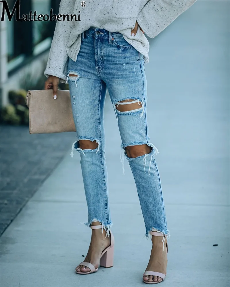 2021 Autumn Womens Blue Ripped All-match Jeans Super Stretchy Skinny Leg Denim Trousers Streetwear Casual Distressed Pants Hem high waist super stretchy jeans for women elastic waist pants fall winter tappered pencil pants women denim trousers women jeans