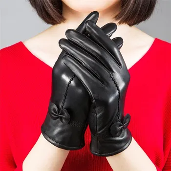 

LJCUIYAO Winter Windproof And Velvet Warm Fleece Leather Gloves Waterproof Black Fashion Full Finger Womens Plus Velvet Gloves