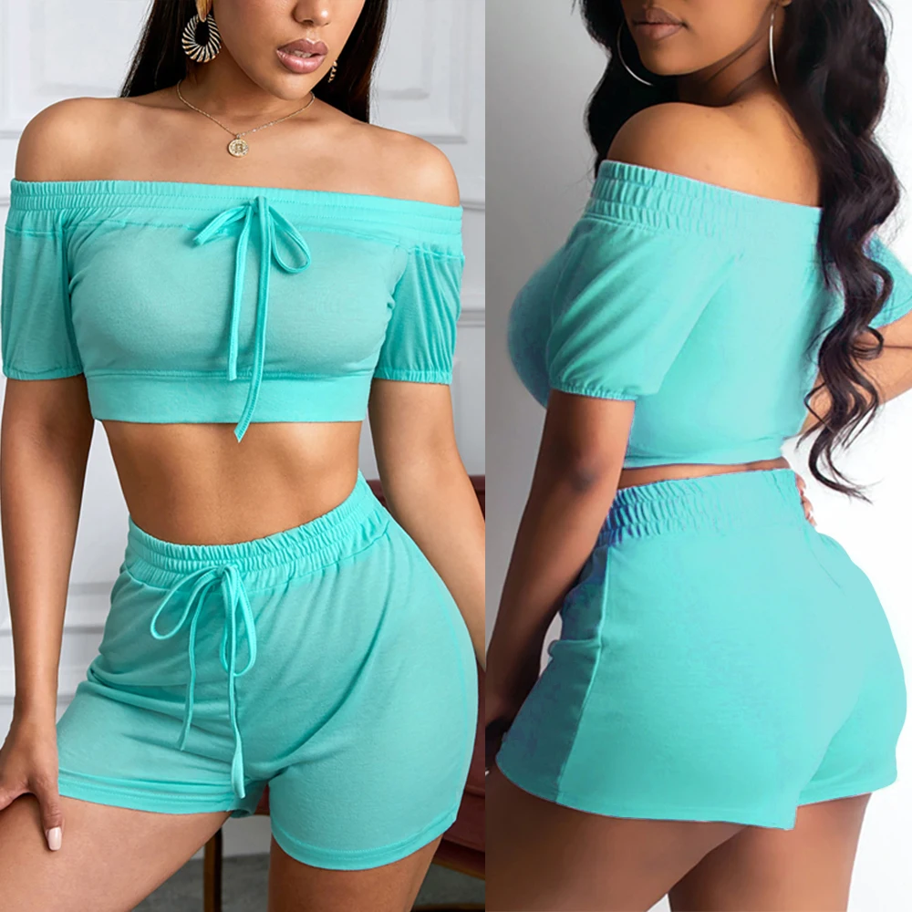 

Women Summer Casual Off-the-Shoulder Pullover Suits 2020 New Women 2PCS Solid Clothes Drawstring Slash Neck Crop Tops+Shorts