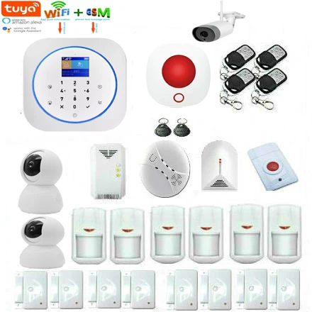 

Wireless Home Security Wifi GSM RFID Alarm System Smoke Gas Fire Alarm Sensor Kit Tuya App Control Outdoor IP Camera ALEXA
