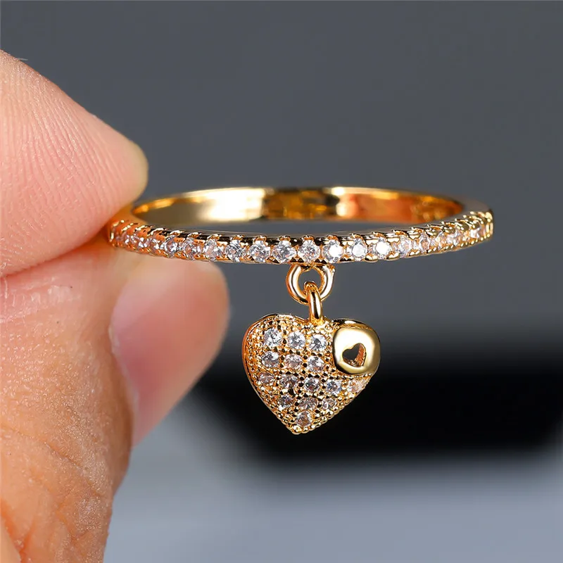 Female Crystal Heart Pendant Rings Gold Silver Color Engagement Ring Charm White Zircon Wedding Jewelry For Women crystal rings engagement rings zircon rings fashion rings wedding rings fashion ring finger rings metal rings