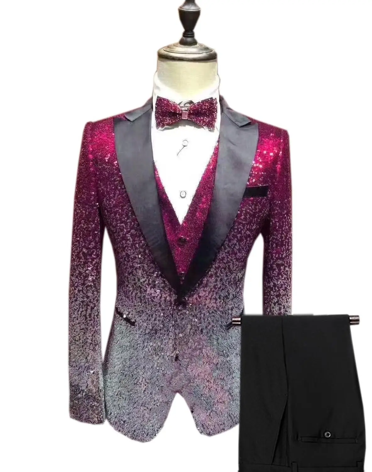 Fuchsia-Silver Мужской костюм с пайетками, 3 предмета, блестящий, приталенный смокинг, пиковый лацкан с тупым углом, вечерние, свадебные, для жениха, для банкета, ночного клуба(Блейзер+ жилет+ брюки - Цвет: Fuchsia-Silver