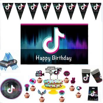 

Tik Voice Note Theme Disposable Party Paper Cup Plate Tableware Decoration Latex Balloon Tok Cake Topper Birthday Festival Party