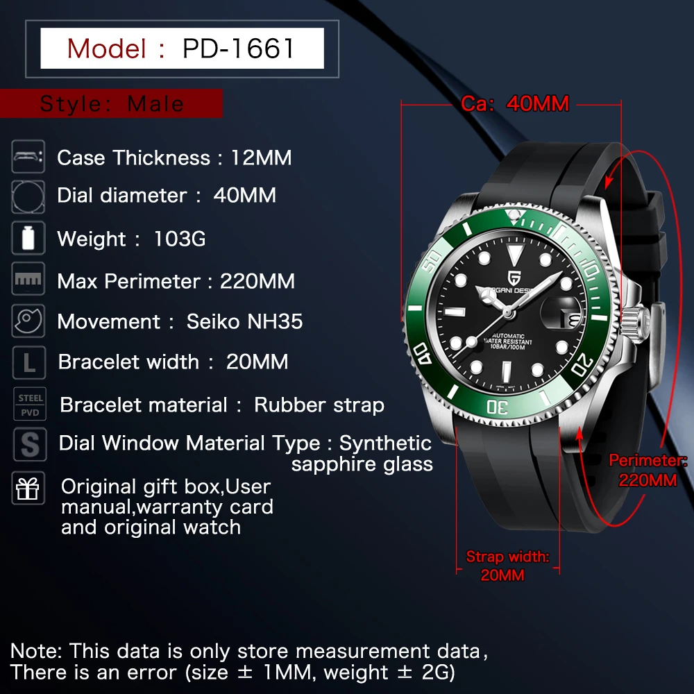 PAGANI DESIGN 2021 New Sapphire Glass 40mm Men's Automatic Mechanical Watch 100m Waterproof Classic Fashion Luxury NH35A Clock