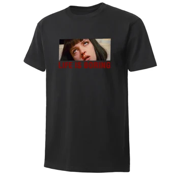 

Movie Pulp Fiction Mens T Shirt Mia Life Is Boring Print 2020 Summer Hot Fashion Round Collar Short Sleeve 100% Cotton Tees Tops
