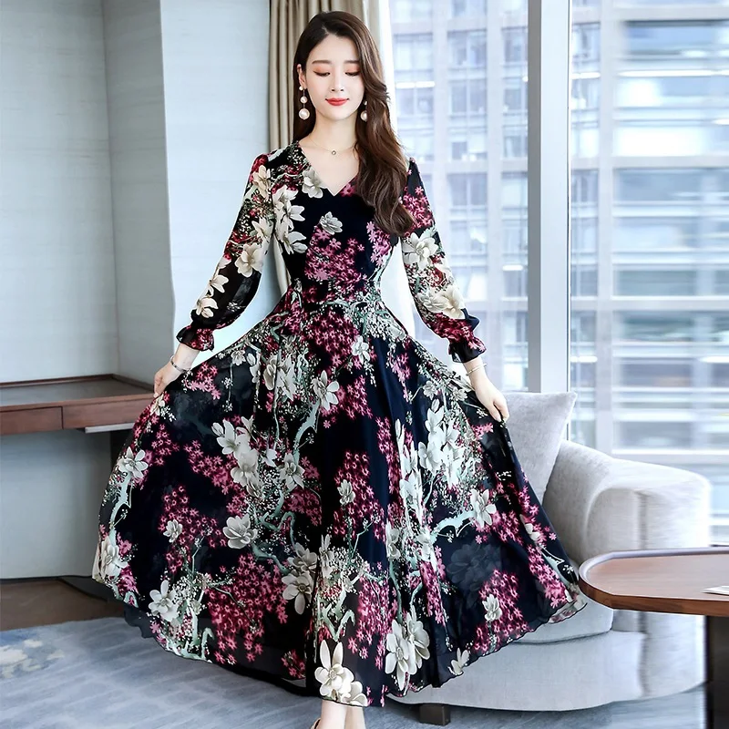 Lange mouwen Jurk vrouwen En Najaar 2019 Lady Bloemen Print Chiffon Maxi Jurk Herfst Kleding Geschikt hip met Dikke T Lange mouwen Jurk vrouwen En Najaar 2019 Lady Bloemen Print Chiffon Maxi Jurk Herfst Kleding Geschikt hip met Dikke T