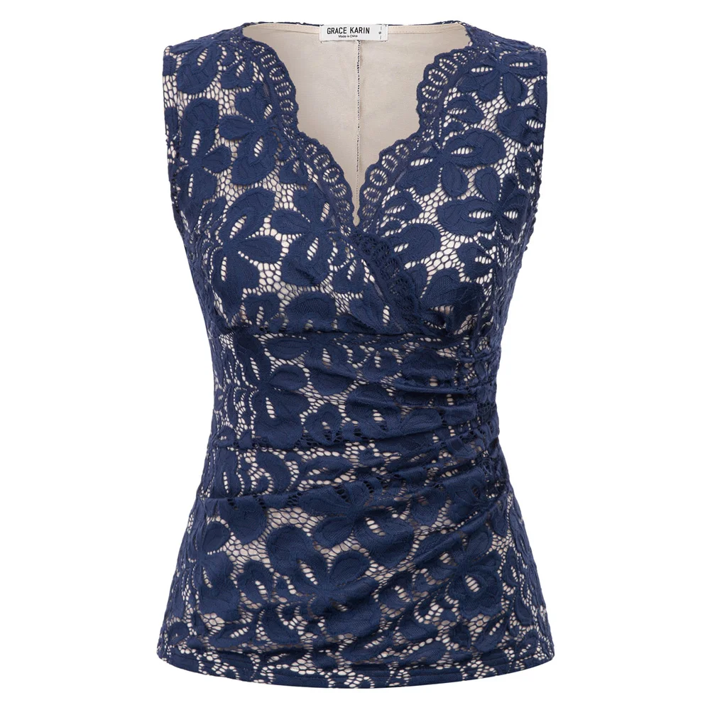 Navy Blue Grace Karin, сексуальные женские кружевные топы без рукавов, сексуальные, зубчатые, с v-образным вырезом, эластичные, модные, женские, кружевные, на бретельках - Цвет: Navy Blue