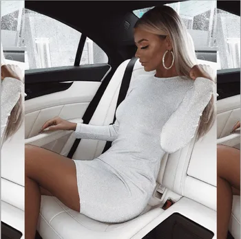 

Women Sequin Dress Long Sleeve Solid White Formal OL Work Bodycon Dress Party Cocktail Short Mini Dress