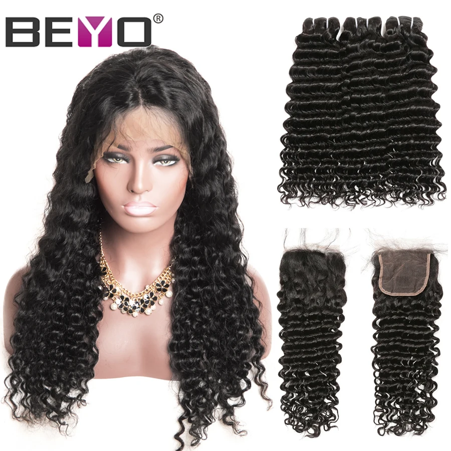 

Brazilian Deep Wave Wig 300% Density Free Customized Wig By Remy Hair Bundles With Closure Beyo 4X4 Closure Wig 100% human Hair