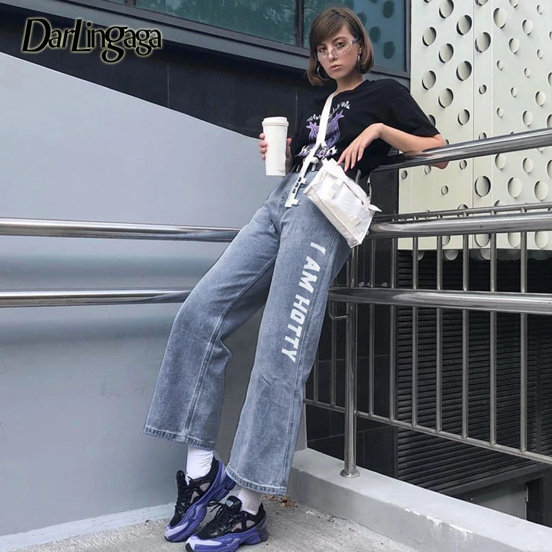 

Darlingaga Casual Loose Straight Wide Leg Pants Letter Printed Streetwear Denim Trousers High Waist Pants Jeans Pantalon Femme