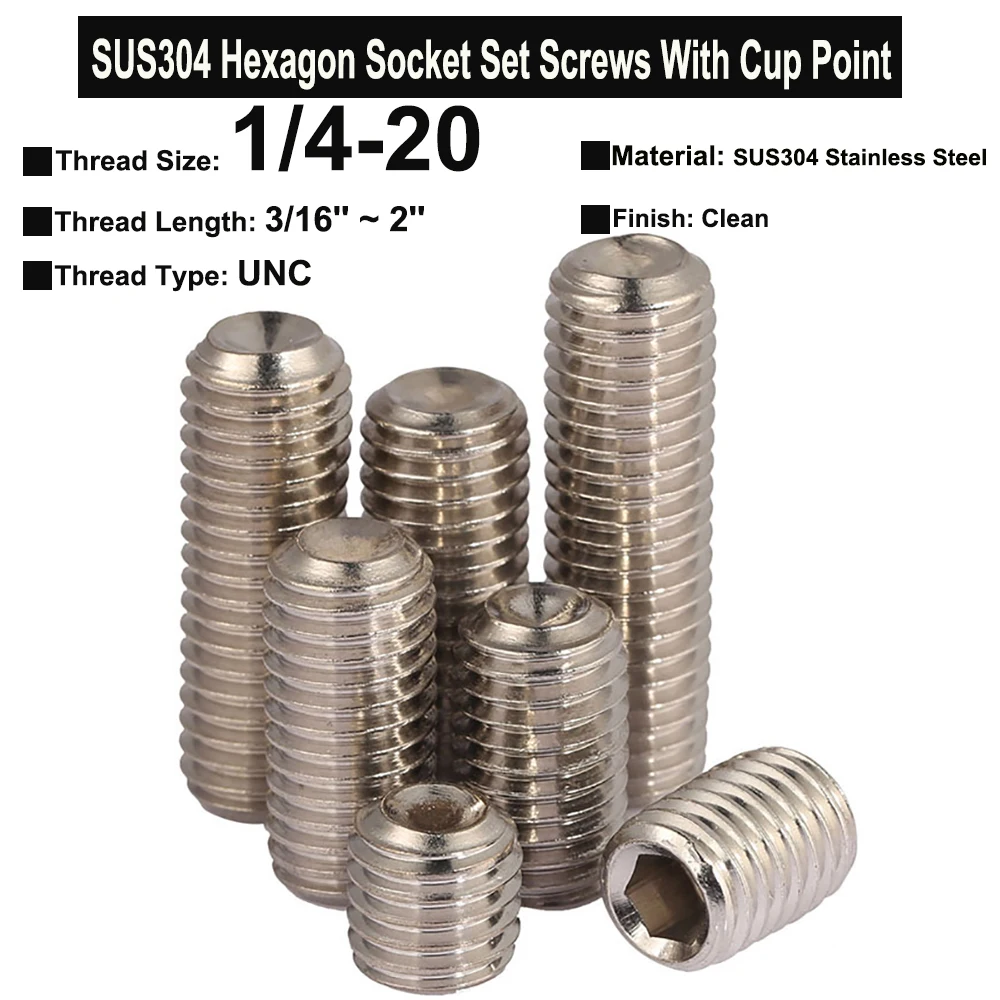 5Pcs 1/4 20x3/16"2" UNC / BSW Thread SUS304 Stainless Steel Hexagon