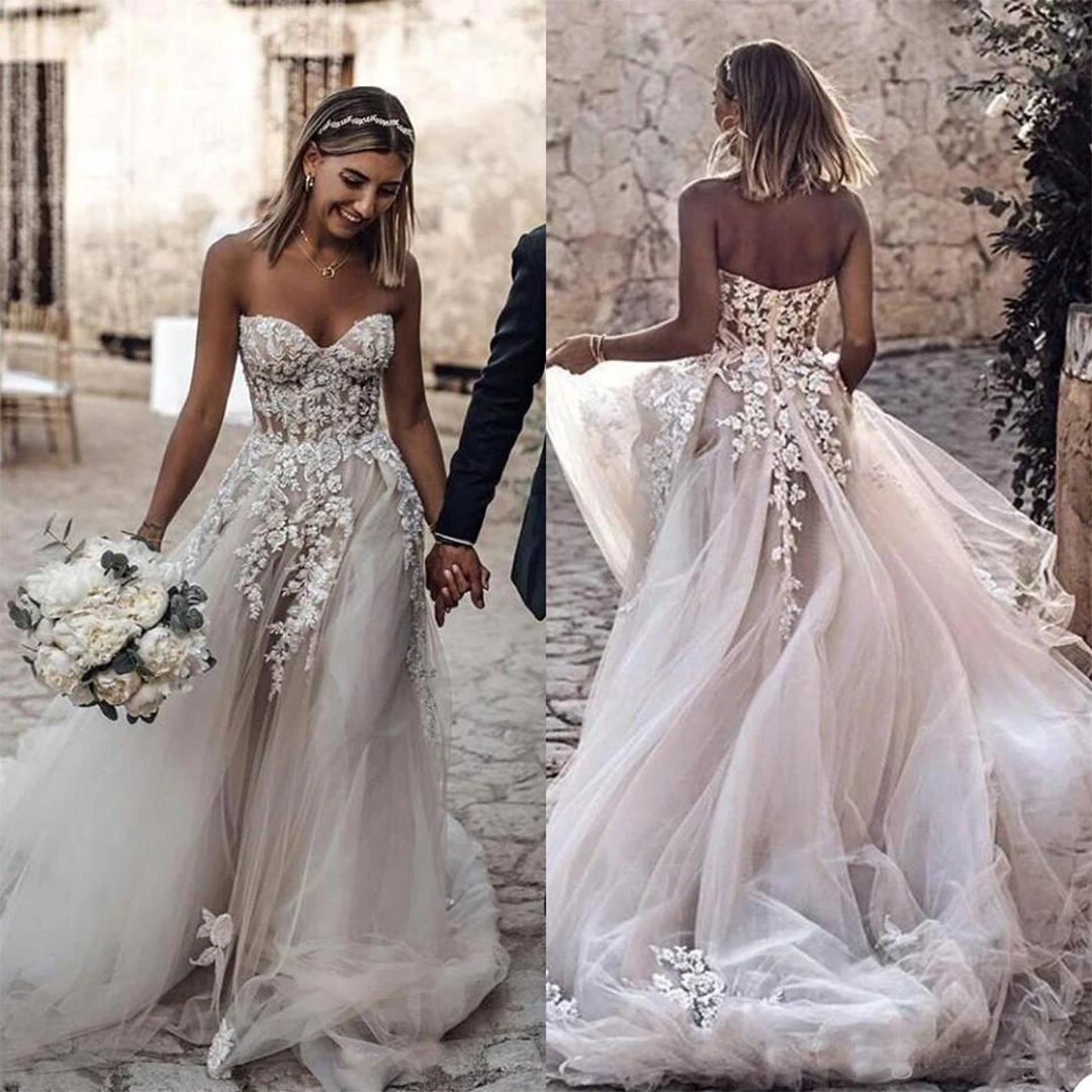 Luxury Wedding Dresses Sexy Sweetherat Lace Appliques Bridal Gowns Custom Made Backless Sweep Train A Line Dress | Свадьбы и