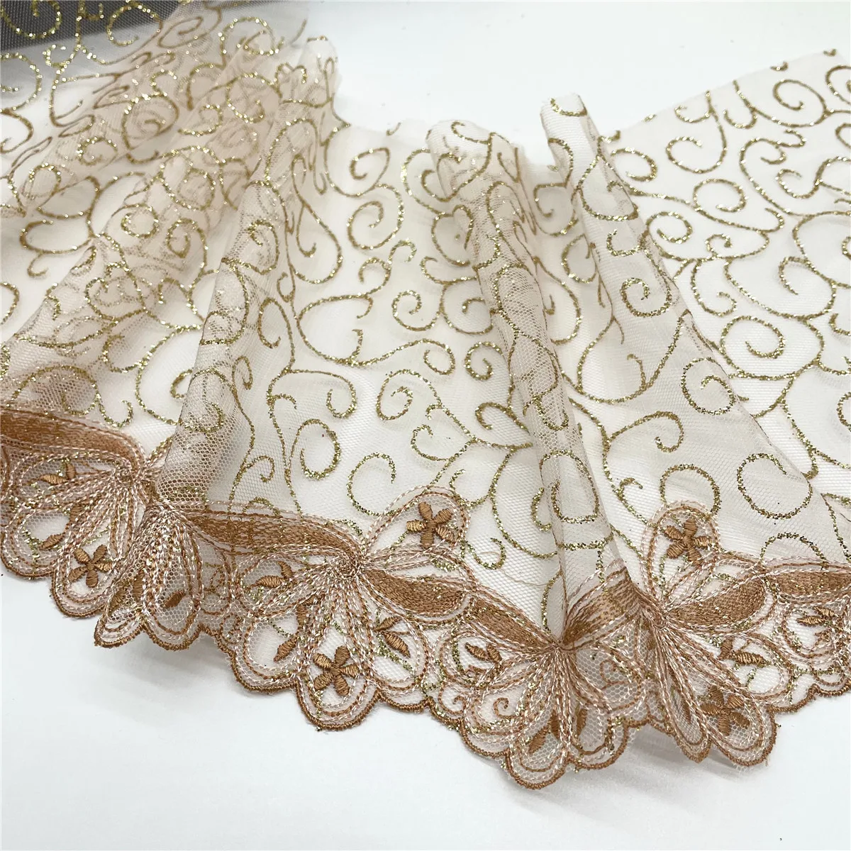 3y/lot Width 7 inch (18cm) Apricot With Metallic Embroidery Lace Trim For Skirt Hem Clothes Sewing Material DIY Apparel Fabric 1