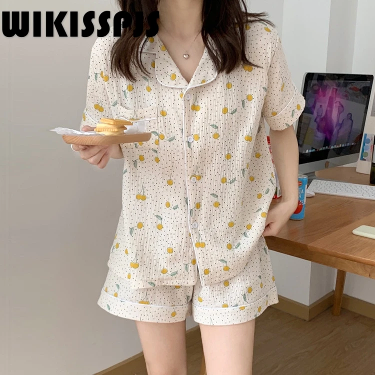 

WIKISSPJS 2022 New Summer Cotton Hemp Casual Home Wear Short Sleeve Shorts Loose and Comfortable Pajamas Suit for Women