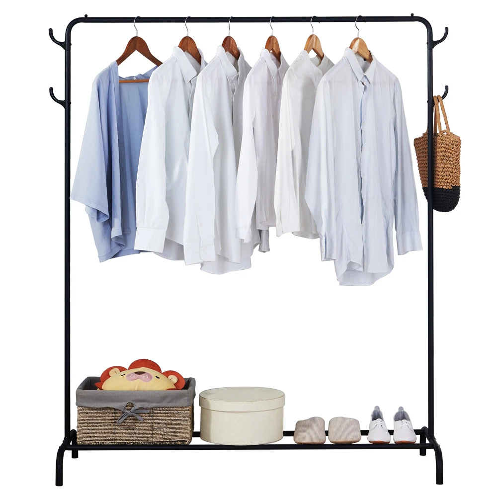 

Clothing Garment Rack Black Heavy Duty Commercial Grade Clothes Stand with Top Rod Hook and Lower Storage Shelf[US-Stock]