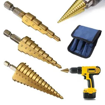 

3X HSS Step Cone Drill Titanium Coated Hole Cutter Bit Set 3-12 4-12/20 Mm+Pouch Garden Accessories Outdoor Tools