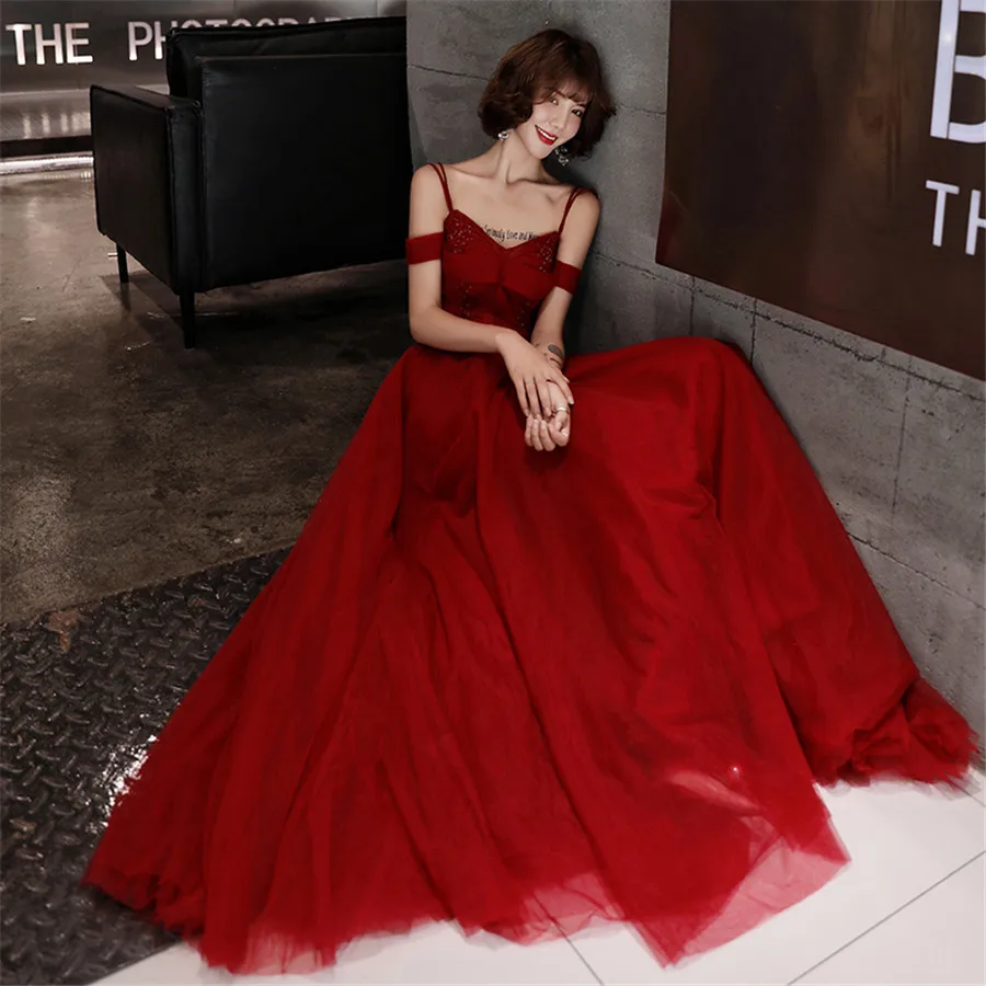 It's Yiiya Evening Dresses Burgundy Boat Neck Sling Formal Dress Elegant Beading Long Plus Size robe de soiree E1281