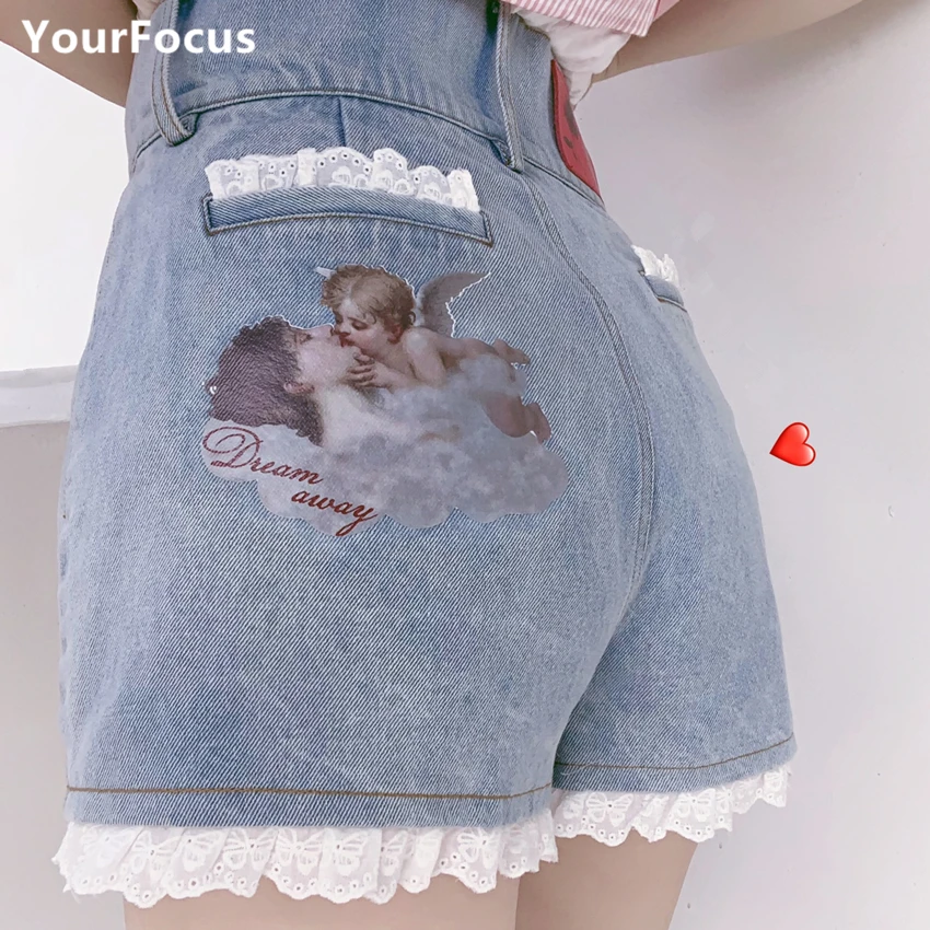 Джинсовые шорты kawaii lolita из денима с завышенной талией в стиле ретро кружевом и