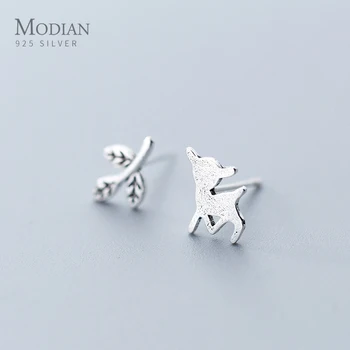 

Modian New Cute Leaves And Deer Stud Earrings Anti Allergic Ear Pin Women Girl 925 Sterling Silver Female Korean Fine Jewelry