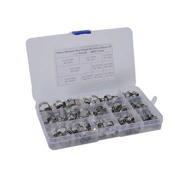 

100PCS 5.3-15.3 mm Single Ear Stepless Hose Clamps Stainless Steel Wire Tube Pipe Fuel Line Clip Assortment Kit