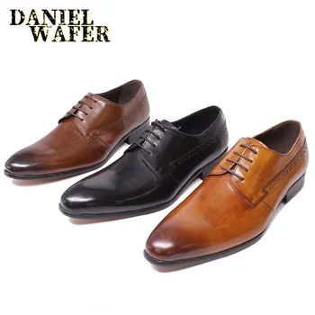 

Men Leather Shoes Business Office Dress Classic Style Coffee Brown Black Lace Up Pointed Toe Derby Shoes For Men Oxford Shoes