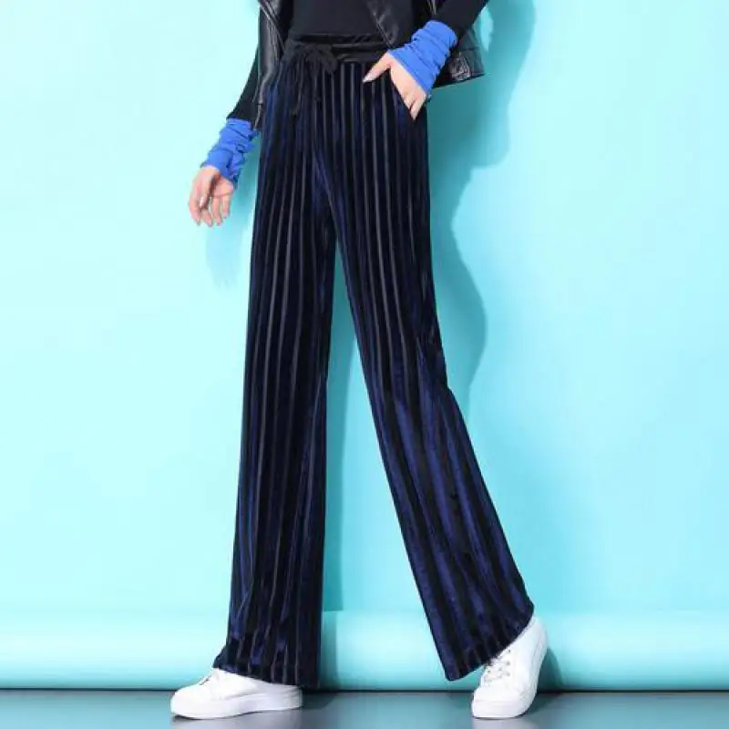 

Fashion Striped Loose Wide Leg Pants 2019 New Autumn Women Velvet Trousers Plus Size Female Wild Joker Casual High Waisted Pants