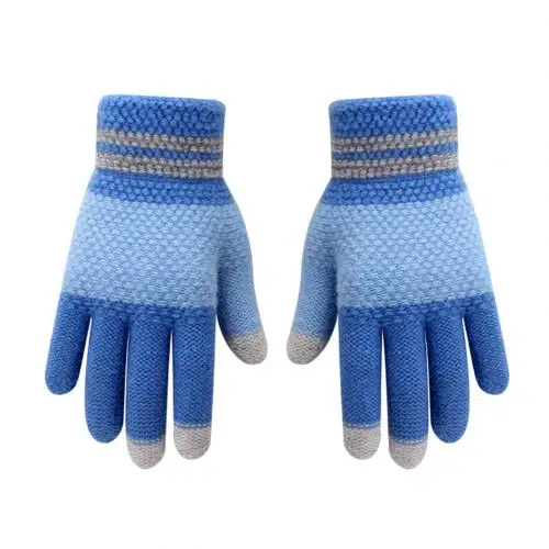 Зимние детские вязаные перчатки в полоску с сенсорным экраном, теплые плотные варежки, зимние детские теплые перчатки, 4 цвета - Цвет: Lake Blue Sky Blue