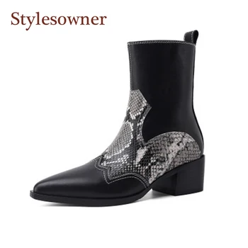 

Vintage Leather Snake Print Martin Boots Women 2020New Pointed British Style Mid-Heel Short-Tube Thick-Heel Western Cowboy Boots